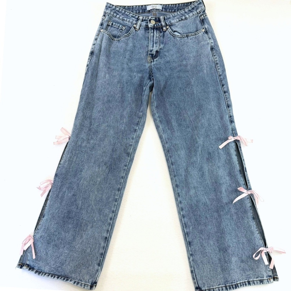 Rise Supply Co Light Wash Wide Leg Jeans Pink Ribbon Bow Side Slit Coquette Pant